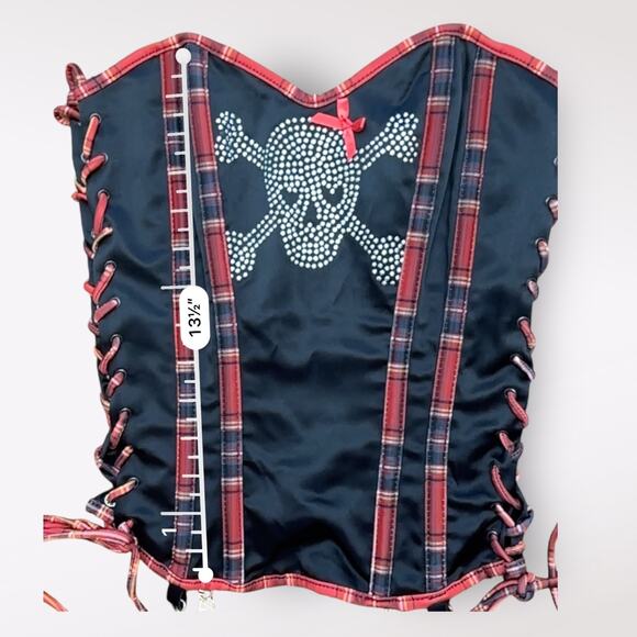 100% Babe y2k punk Black and Plaid Sequined Skull Bustier Corset‎ Top Size 34 - Picture 5 of 7